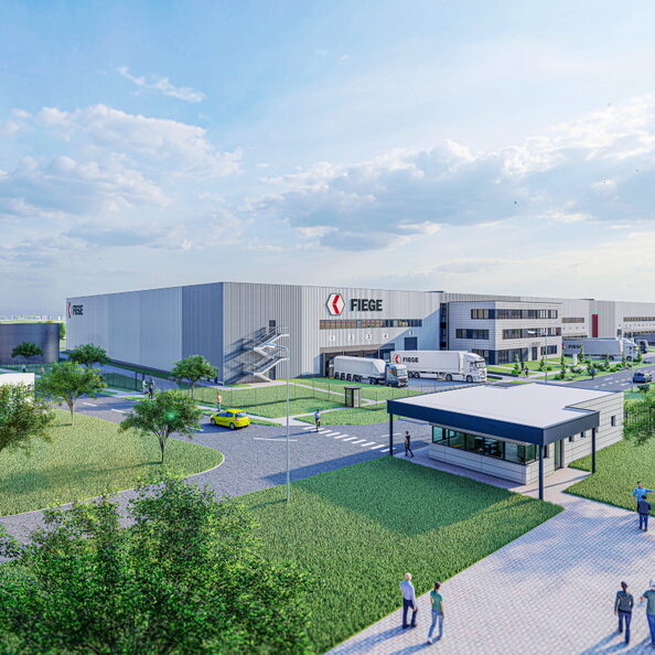 Diese Visualisierung zeigt, wie das Logistikzentrum der Firma Fiege im Zülpicher Gewerbegebiet „An der Römerallee“ aussehen wird.